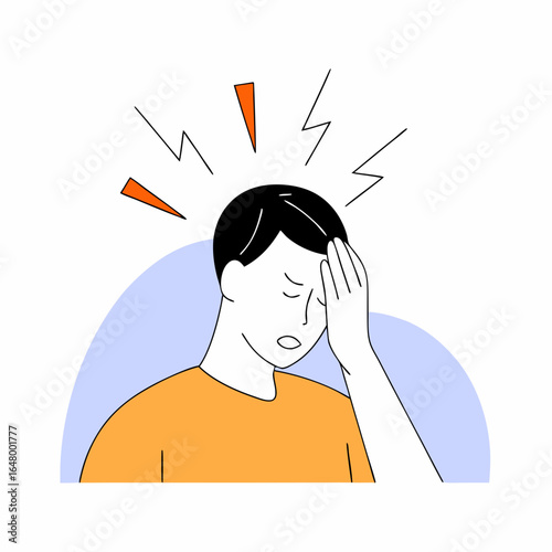 Man with a headache, hand on forehead, feeling pain.
