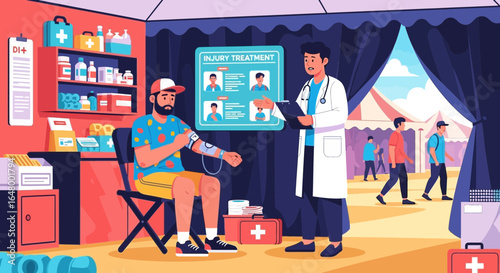Illustrative medical assistance tent at an outdoor event with a doctor tending to a patient
