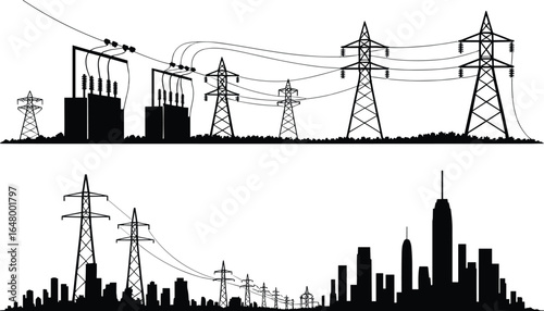 Vector Silhouette of Power Plant, Electrical Substation, and City Skyline with High Voltage Transmission Towers for Energy, Industry, and Infrastructure Design Projects