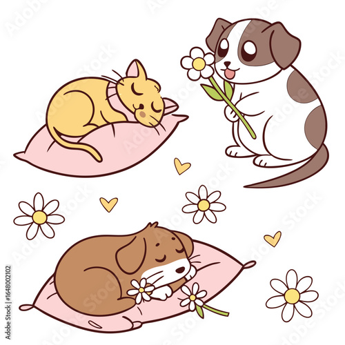 Charming and whimsical animal illustrations featuring playful kittens and cozy companions perfect for stickers and decorations