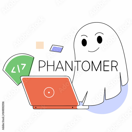 Ghost works on a laptop, digital illustration.
