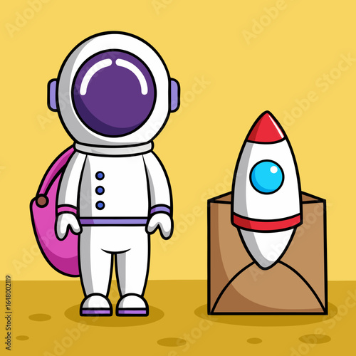 Astronaut ready for space travel, rocket in envelope.
