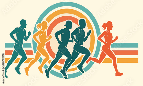 Colorful Running Silhouettes with Abstract Background – Teal, Orange, and Red Runners Overlapping in Motion with Concentric Circles and Stripes for Fitness and Editorial Use