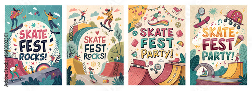 Vibrant skate festival art featuring colorful skaters and dynamic scenes promoting Skate Fest events.