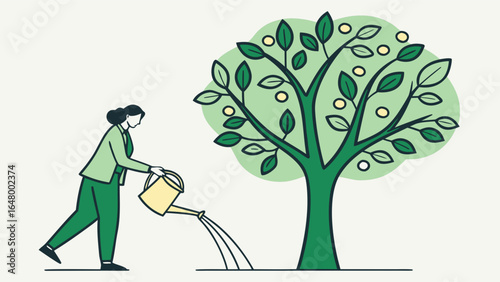 Woman waters a flourishing tree, symbolizing growth and nurturing.
