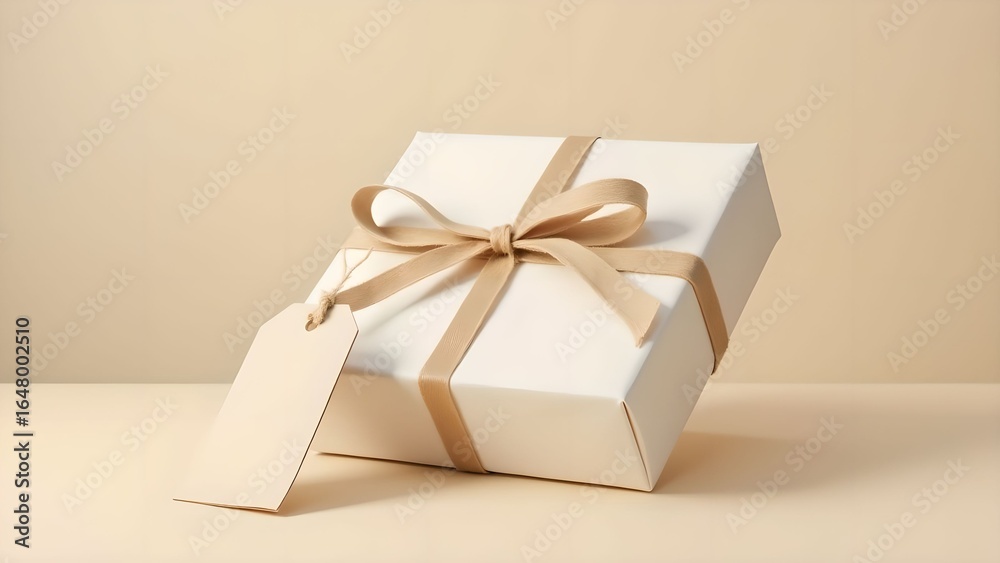 Gift box wrapped in twine with a floral tag on a neutral background showcasing a minimalist design Gift box wrapped in twine with a floral tag on a neutral background showcasing a minimalist design