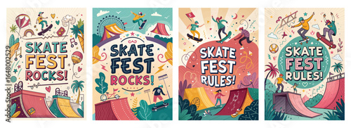 Vibrant skate fest posters showcasing exciting skateboarding stunts and colorful graphics.