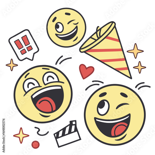 Versatile emoji sticker pack featuring diverse emotions and symbols for digital and print applications