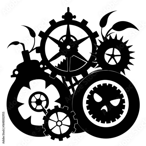 Steampunk gears and plants, intricate mechanical design.
