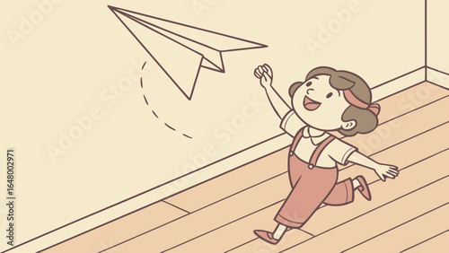 Child runs, launches paper airplane, joyful imagination.
