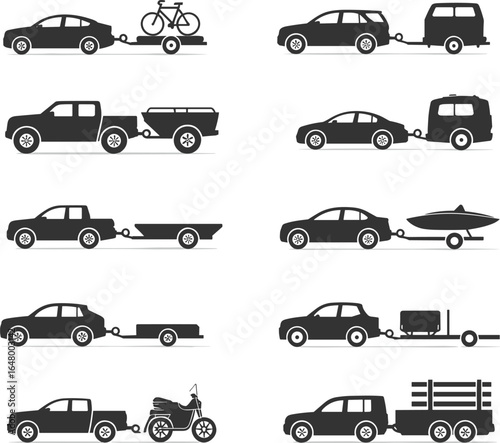 Silhouette Vector Illustrations of Cars, SUVs, and Pickup Trucks Towing Various Trailers for Transport, Travel, Camping, Hauling, and Utility Design Projects
