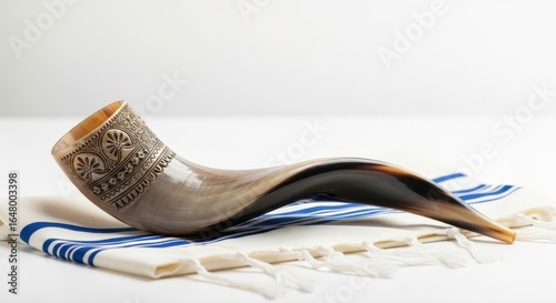 shofar with ornate silver detailing on tallit prayer shawl