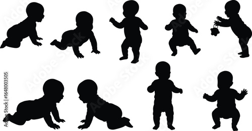 Silhouette collection of crawling and walking baby in various poses, infant activities, child development stages, toddler motion, and newborn growth illustration