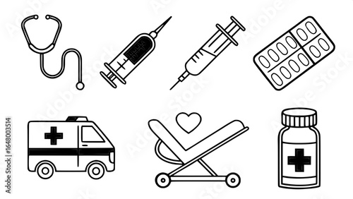 "Vector line art medical icon pack, minimalist healthcare symbols: stethoscope, thermometer, syringe, pill, medicine, ambulance, hospital bed, emergency cross, telehealth screen, heart with pulse, blo