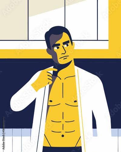 Man checks his reflection, concerned about his appearance.
