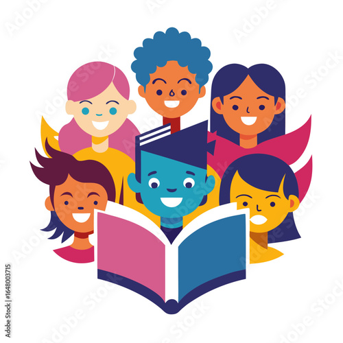 Children gather around an open book, symbolizing education and learning.
