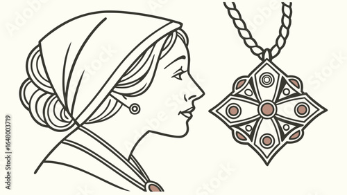 Woman in profile, ornate pendant, historical style.
