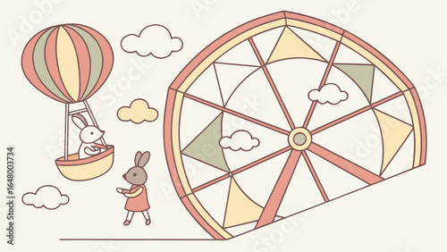 Two rabbits, one in a hot air balloon, the other near a Ferris wheel. A whimsical scene.
