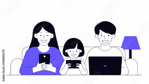 Family using digital devices, relaxed and connected.
