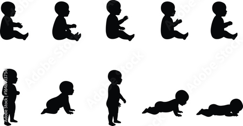 Silhouette illustration of baby sitting, crawling, lying, and standing, showing different postures and early childhood movement development stages