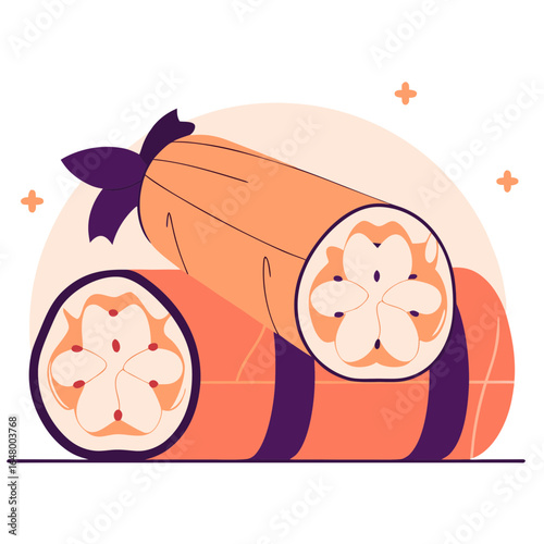 Wrapped fruit, sliced open, revealing a floral pattern.
