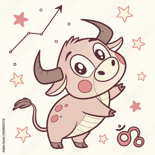 Cute pink bull zodiac sign, surrounded by stars and constellations.

