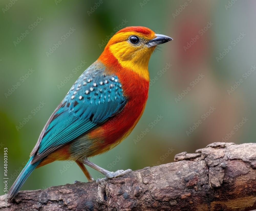 Fototapeta premium Colorful bird perched on top of a tree branch, in the wild