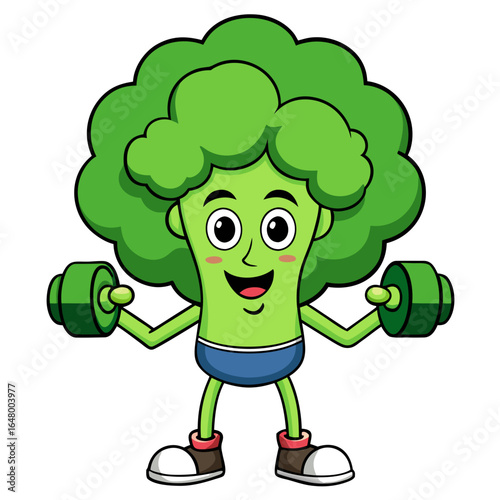 A broccoli character lifts weights, symbolizing healthy living.
