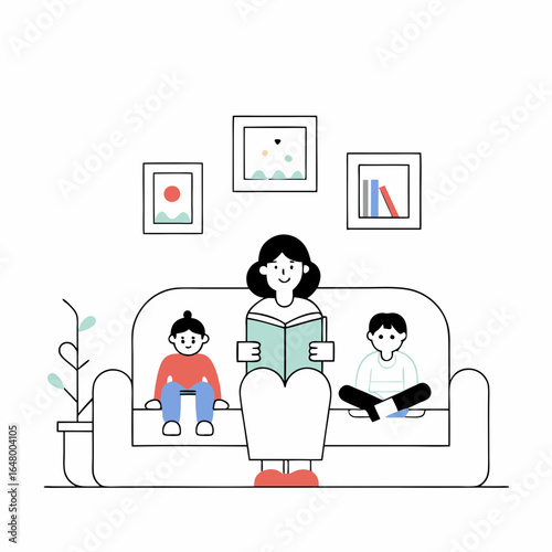 Mother reads to two children on a couch.
