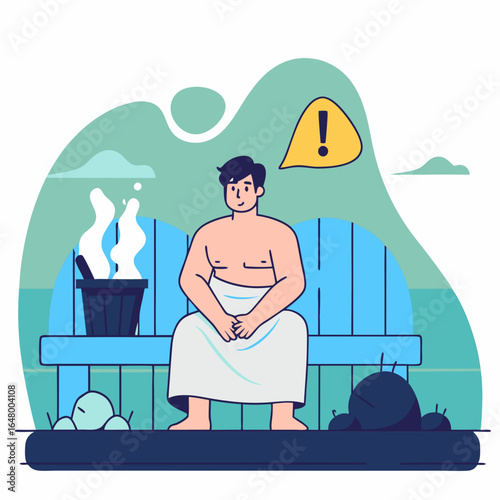 Man sits in a sauna, thoughtful, with a caution sign.

