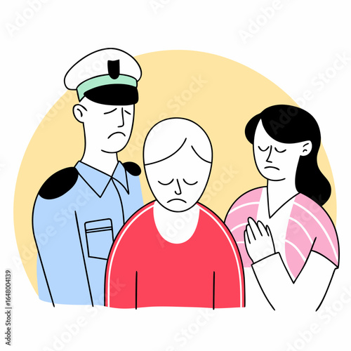 Sad figures, a soldier, a civilian, and a woman, expressing grief.
