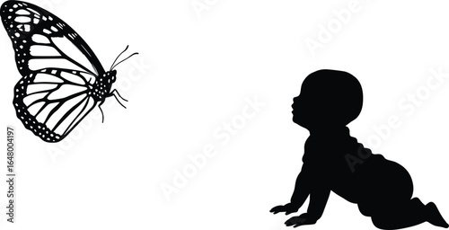 Baby silhouette crawling toward butterfly, nature and innocence theme, vector design for childhood, curiosity, exploration, and early learning concepts