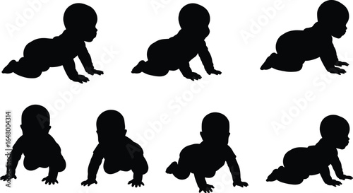 Baby crawling silhouette collection, front and side view poses, vector illustration of infant movement stages for design, education, and decoration projects