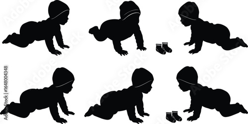 Baby crawling silhouette set, wearing hat, vector illustration of infant movement stages, cute child poses for design and educational projects