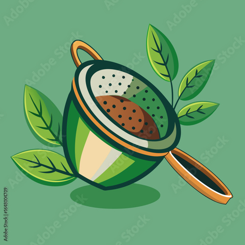 Green tea strainer, surrounded by leaves, a stylized design.
