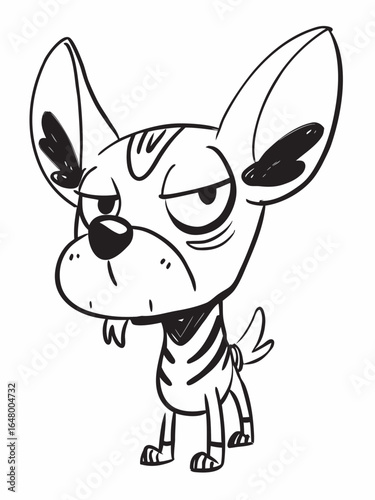 A grumpy, zebra-striped dog with a serious expression.
