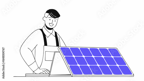 Man inspects solar panels, promoting sustainable energy.

