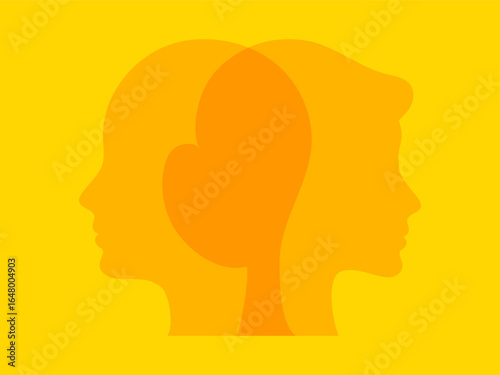 Abstract overlapping human faces silhouettes in orange on yellow background. Modern minimal concept representing communication, relationships, diversity, psychology, unity, and creative interaction.