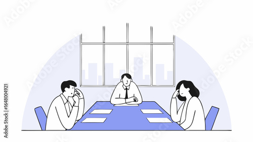 Businesspeople in meeting, heads bowed, tired.
