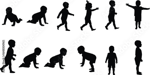 child crawling and walking silhouettes, baby to toddler stages, kid standing pose, children movement, child growth, silhouette set, walking children