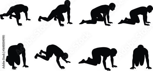 human crawling silhouette set, man on all fours, crawling posture, body movement, low position, stealth pose, exercise crawl, motion study