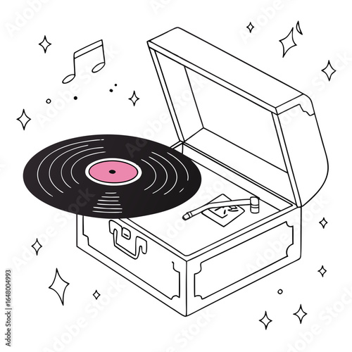 Vintage record player, music, and treasure chest.
