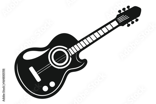 Graphic Representation of Acoustic Guitar Instrument in Black and White with Strings and Frets