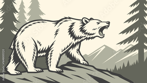 Powerful bear roars on rocky mountaintop.
