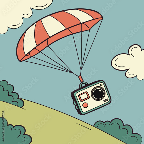Camera attached to a parachute, soaring through the sky.
