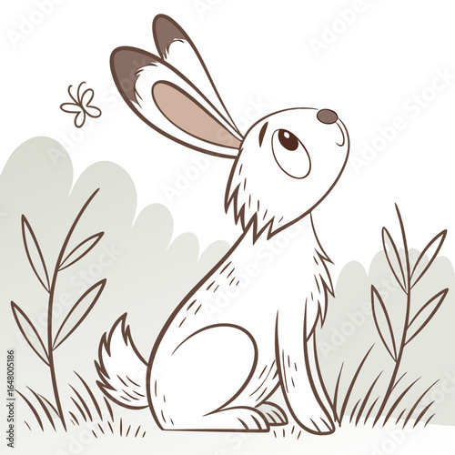 A white rabbit looks upward, in a serene woodland scene.
