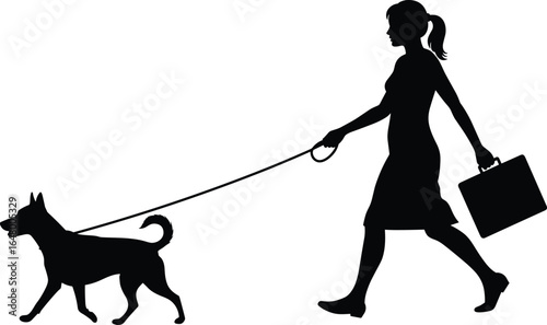 Silhouette of woman walking dog, carrying briefcase, female walking pet, active lifestyle, dog walking scene, isolated vector graphic