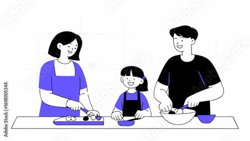 A family cooks together, happy and engaged.

