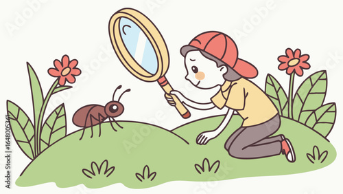 Child examines ant with magnifying glass.
