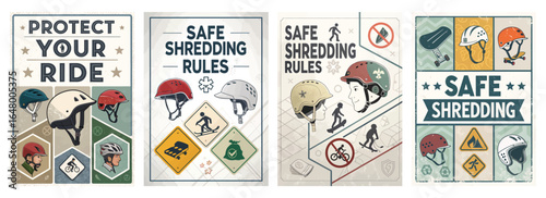 Four informative posters promoting safe shredding and helmet use for cyclists and skaters.